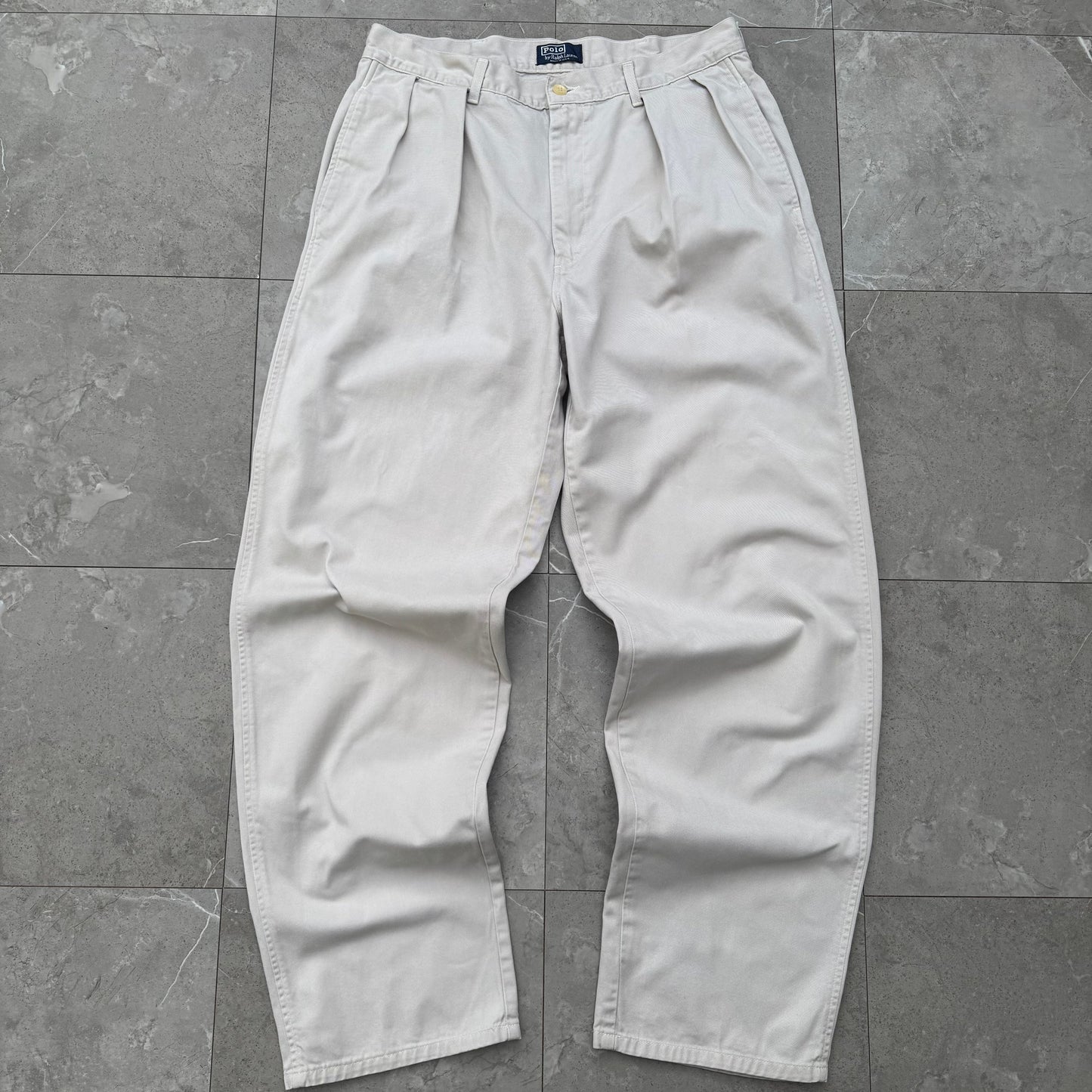 80s-90s Polo by Ralph Lauren Made in USA Cream/White Pleated Chino Pants 34x32 KiiChain Clothing
