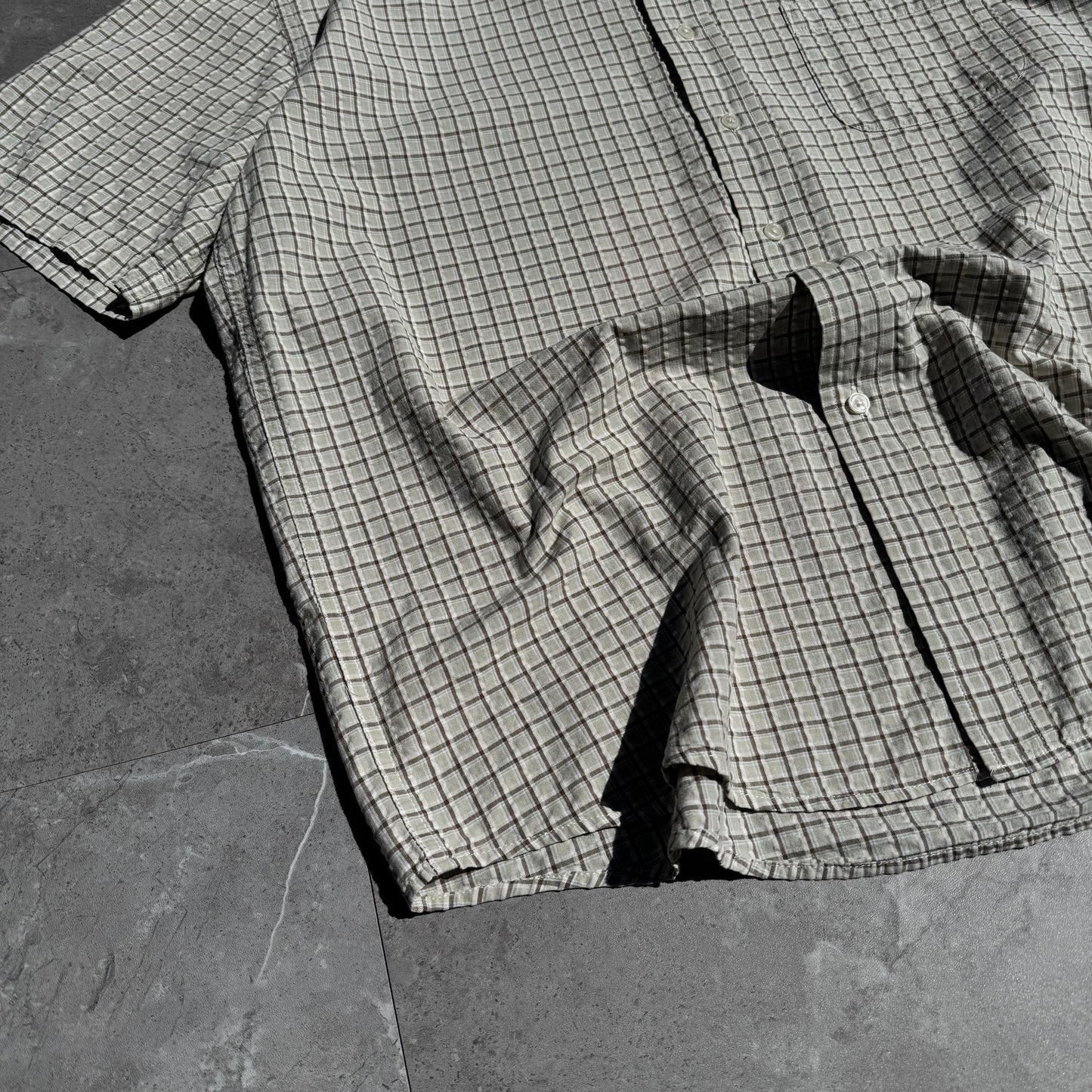 90s-00s John Ashford Cream Seersucker Checkered Cotton Short Sleeve Shirt KiiChain Clothing