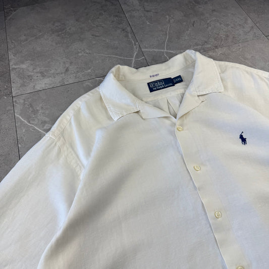 00s Polo by Ralph Lauren White Herringbone Linen x Silk Open Collar Shirt XXL