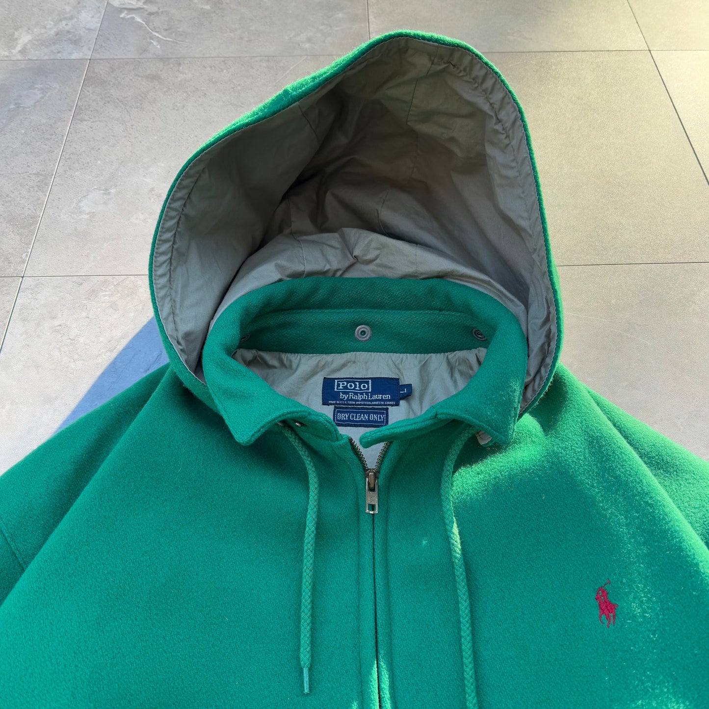 80s Ralph Lauren Made in USA Green Detachable Hoodie Wool Swing Top Jacket KiiChain Clothing