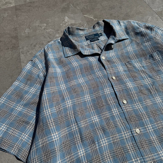 90s-00s Ralph Lauren “Caldwell” 100% Linen Blue Checkered Open Collar Shirt KiiChain Clothing