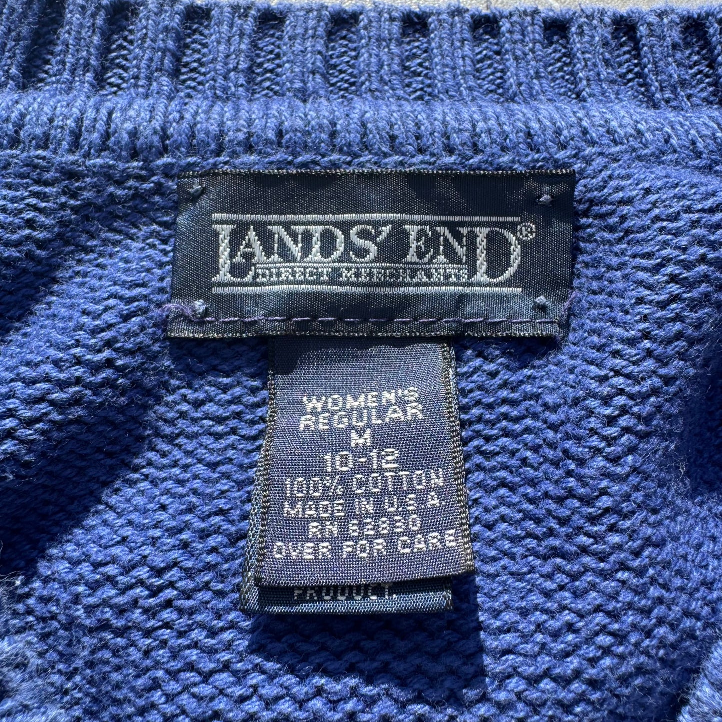 90s Lands' End Women’s “Drifter Sweater” Made in USA Blue V-Neck Knit