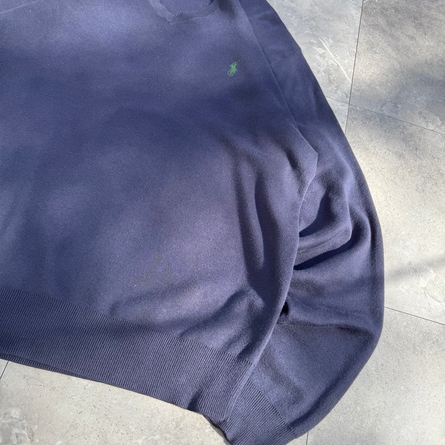 90s Polo by Ralph Lauren 100% Pima Cotton “Exclusive of Decoration” Navy V-Neck Sweater KiiChain Clothing