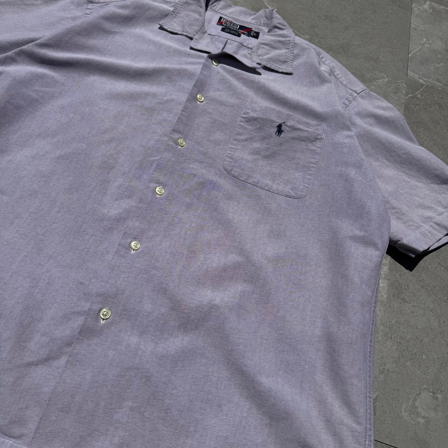 90s-00s Ralph Lauren Caldwell Purple Cotton Pocket Pony Open Collar Shirt KiiChain Clothing