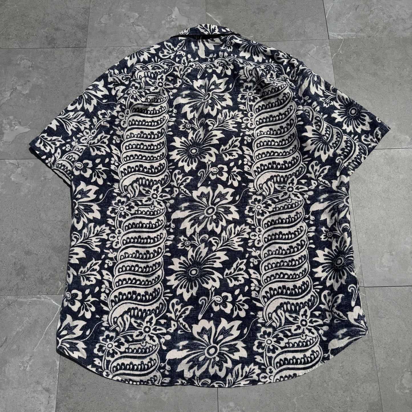 90s-00s Ralph Lauren Bonnard Black/Navy Paisley Linen x Cotton Open Collar Shirt KiiChain Clothing
