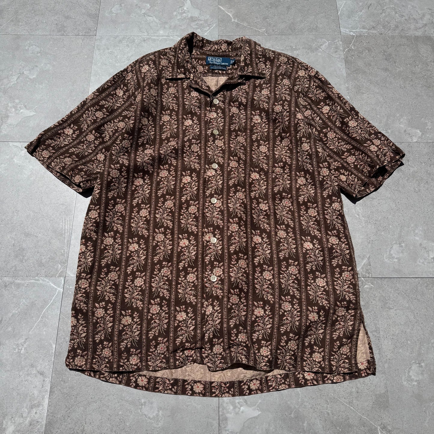 90s-00s Ralph Lauren Caldwell Silk x Linen Brown Floral Open Collar Shirt KiiChain Clothing