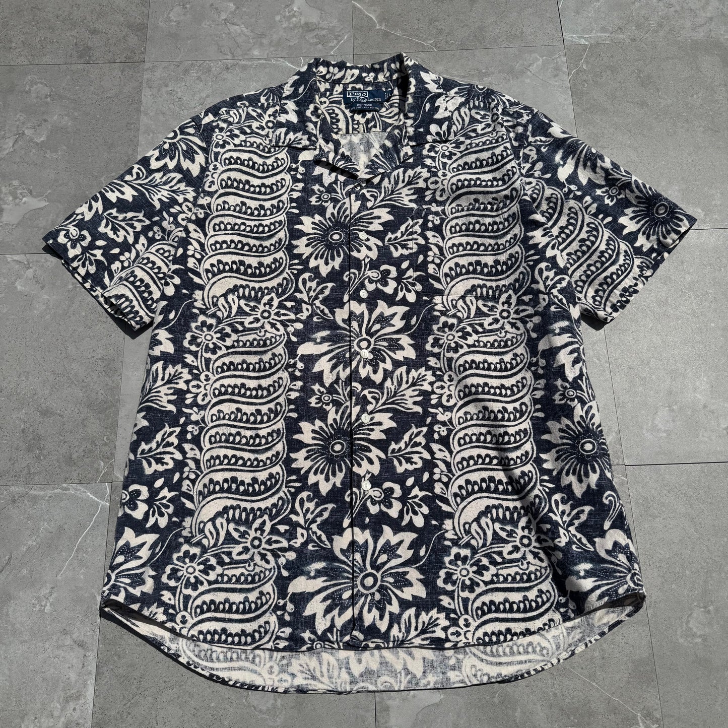 90s-00s Ralph Lauren Bonnard Black/Navy Paisley Linen x Cotton Open Collar Shirt KiiChain Clothing