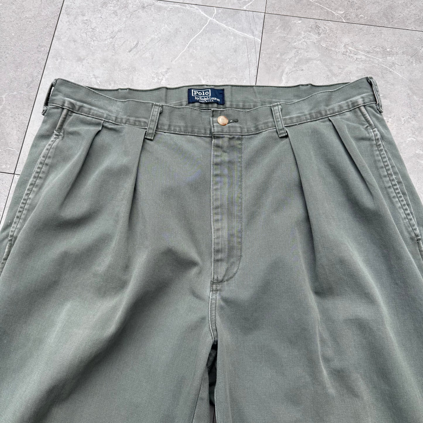 80s-90s Polo by Ralph Lauren Made in USA Faded Green Pleated Chino Pants 36x32 KiiChain Clothing