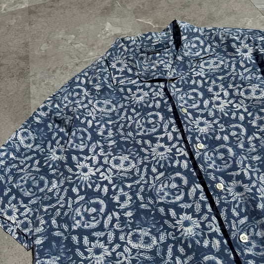 90s-00s Ralph Lauren “Caldwell” Blue Paisley Open Collar Shirt KiiChain Clothing