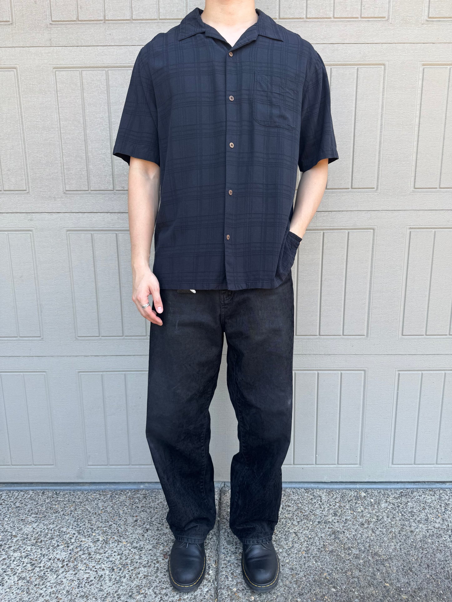 80s-90s Vintage Silk Black 3D Checkered 100% Silk Open collar Shirt XL