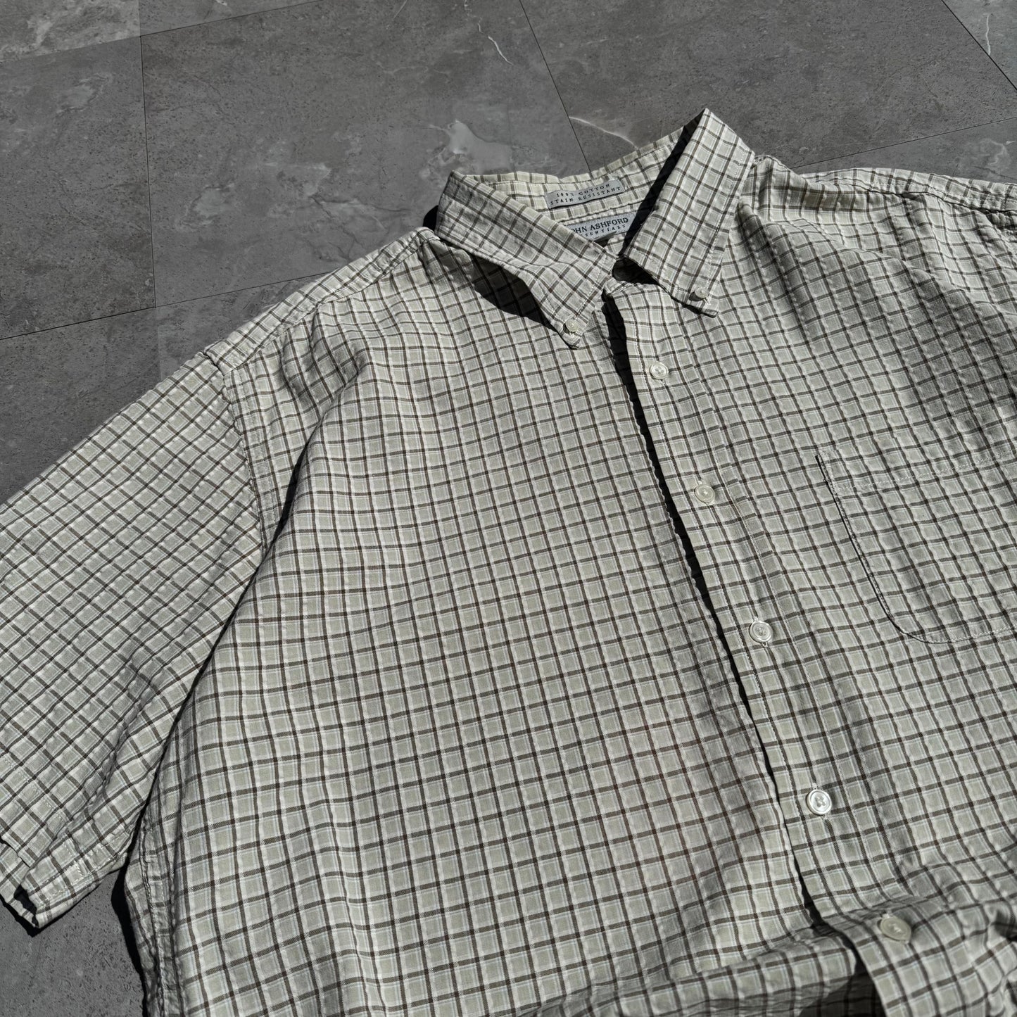 90s-00s John Ashford Cream Seersucker Checkered Cotton Short Sleeve Shirt KiiChain Clothing