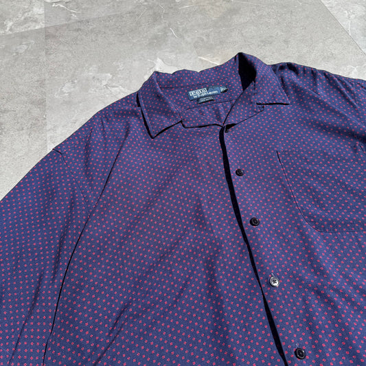 90s-00s Ralph Lauren “Clayton” 100% Rayon Navy/Purple Dot Pattern Open Collar Shirt KiiChain Clothing