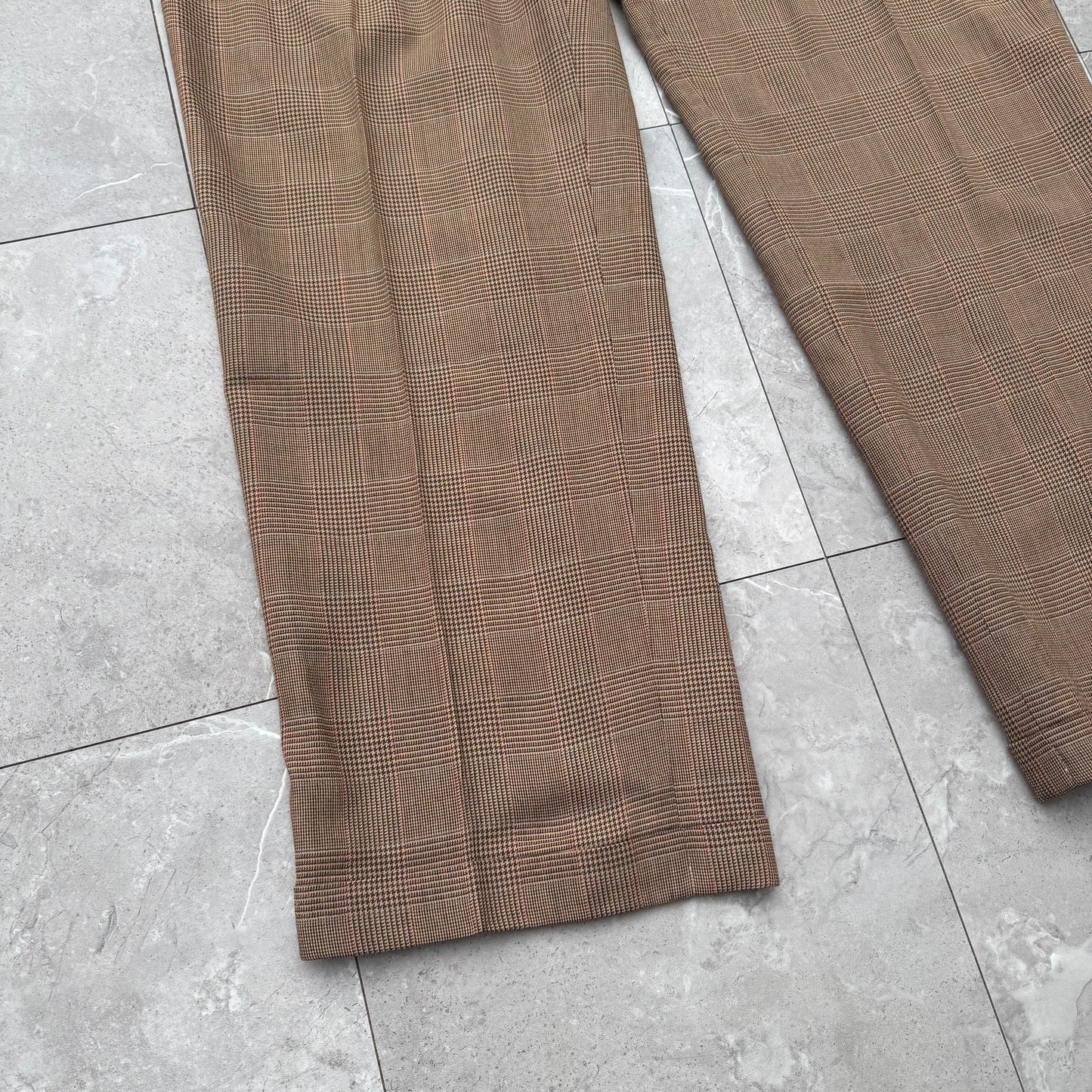 80s-90s Polo by Ralph Lauren Made in USA from Imported Fabric Brown Houndstooth Pleated Checkered Slacks KiiChain Clothing