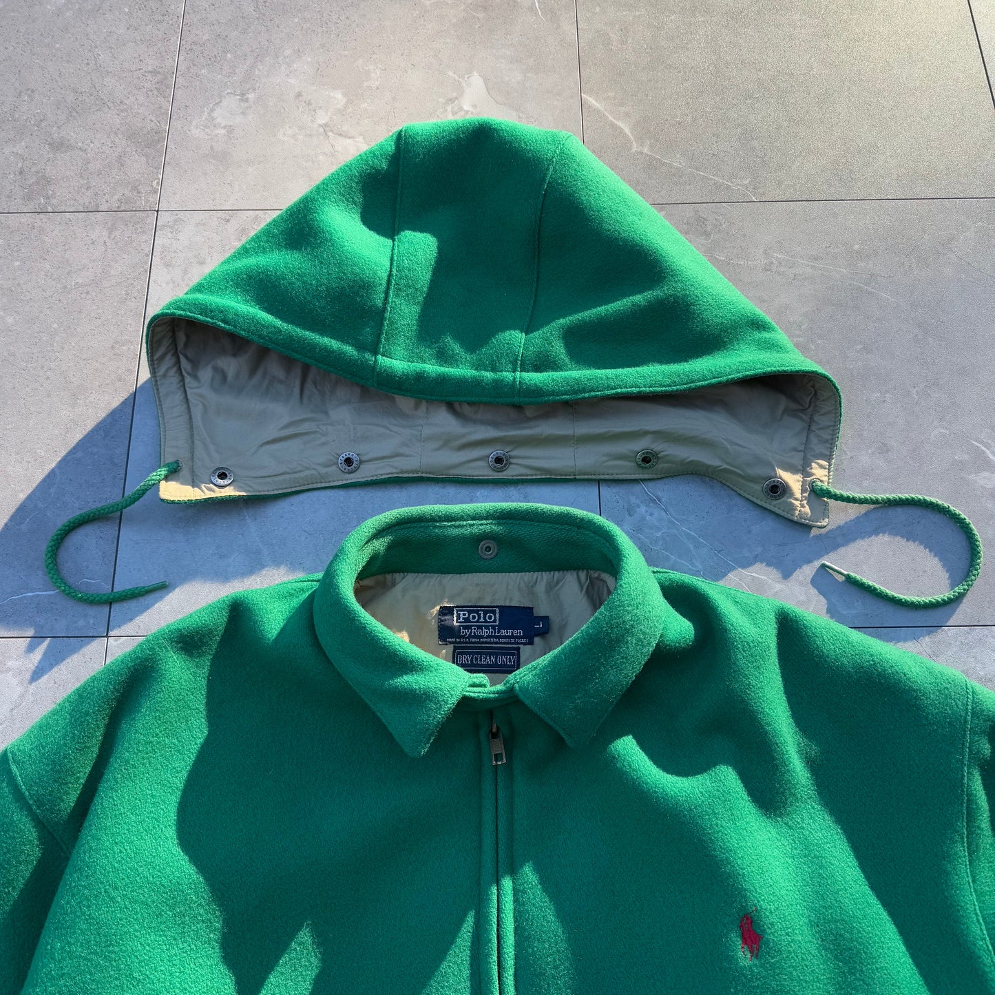 80s Ralph Lauren Made in USA Green Detachable Hoodie Wool Swing Top Jacket KiiChain Clothing