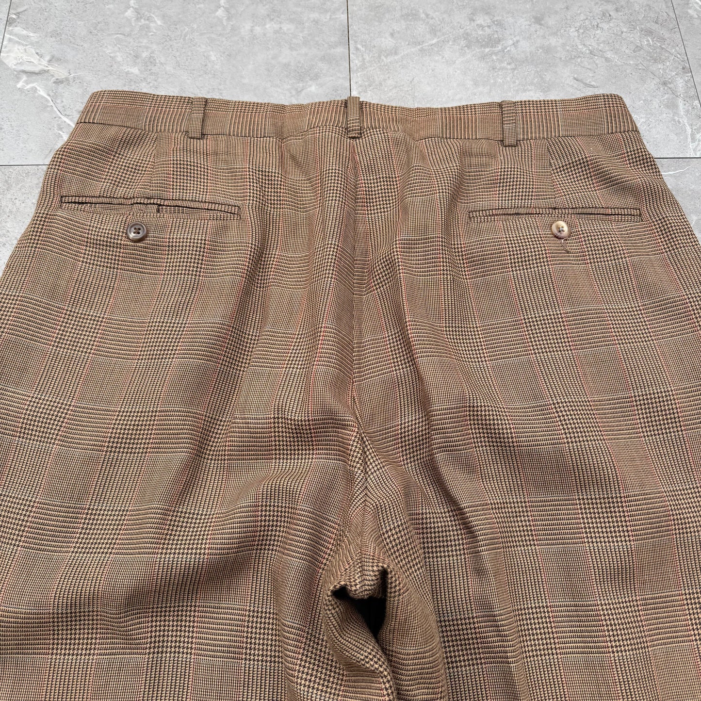 80s-90s Polo by Ralph Lauren Made in USA from Imported Fabric Brown Houndstooth Pleated Checkered Slacks KiiChain Clothing