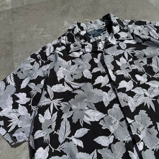 90s-00s Ralph Lauren “Forrest” 100% Linen Black Floral Open Collar Shirt KiiChain Clothing
