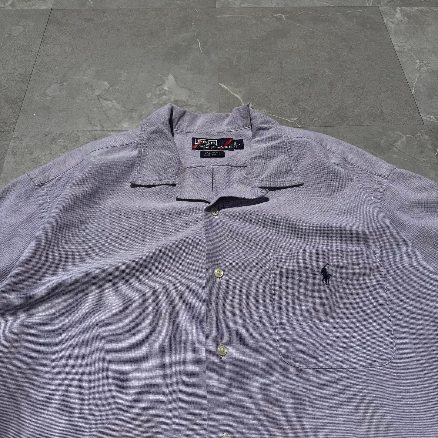 90s-00s Ralph Lauren Caldwell Purple Cotton Pocket Pony Open Collar Shirt KiiChain Clothing
