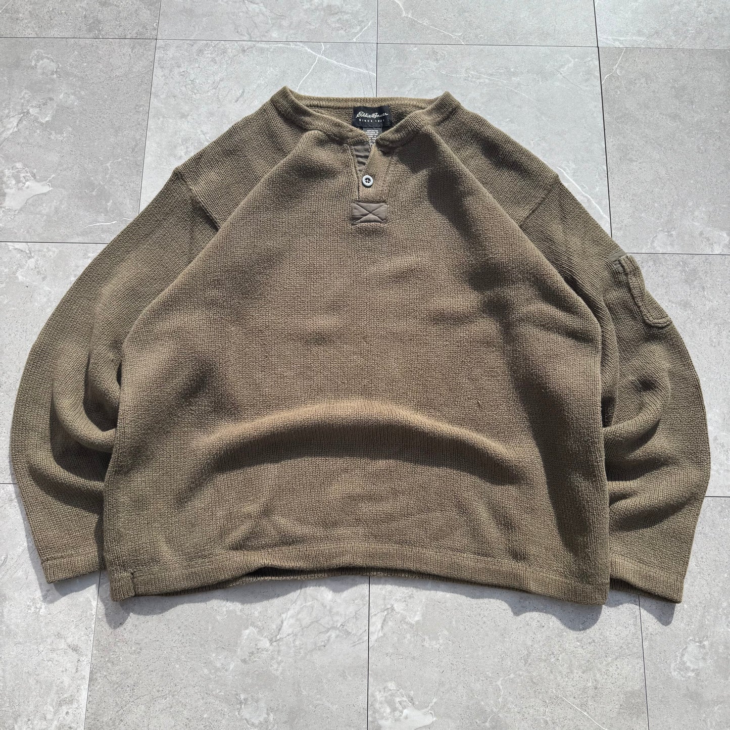 00s Eddie Bauer Made in UK Olive Green/khaki Henley Neck Cotton Knit