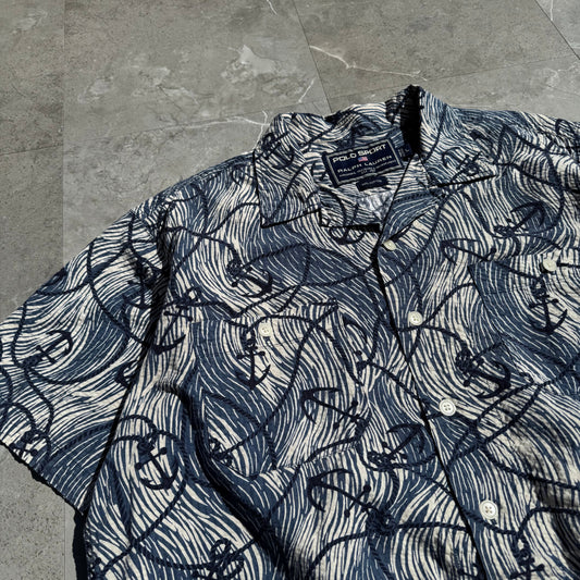 90s-00s Ralph Lauren Polo Sport Anchor Pattern Seersucker Open Collar Shirt KiiChain Clothing