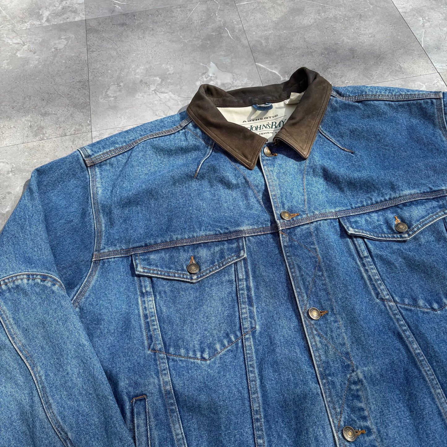 90s St. John's Bay Leather Collar Denim Jacket
