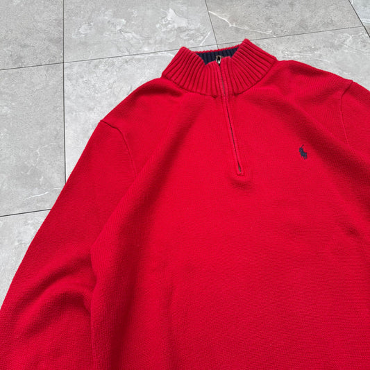 90s Polo by Ralph Lauren “Exclusive of Decoration” Red Quarter-Zip Sweater KiiChain Clothing
