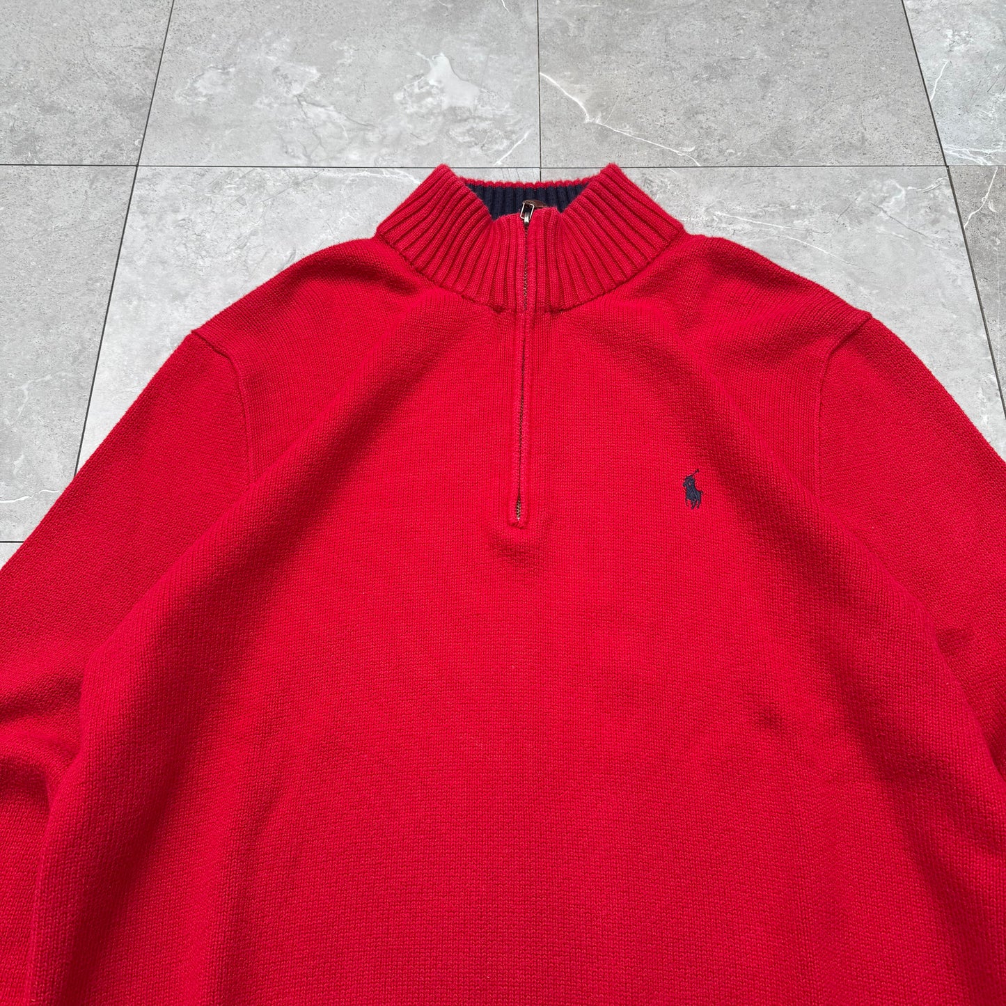 90s Polo by Ralph Lauren “Exclusive of Decoration” Red Quarter-Zip Sweater KiiChain Clothing