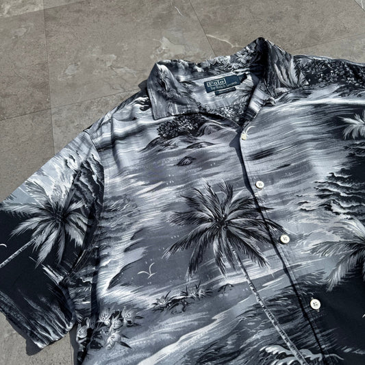 90s-00s Ralph Lauren “Custom Fit” 100% Viscose Black Palm Tree Open Collar Shirt KiiChain Clothing