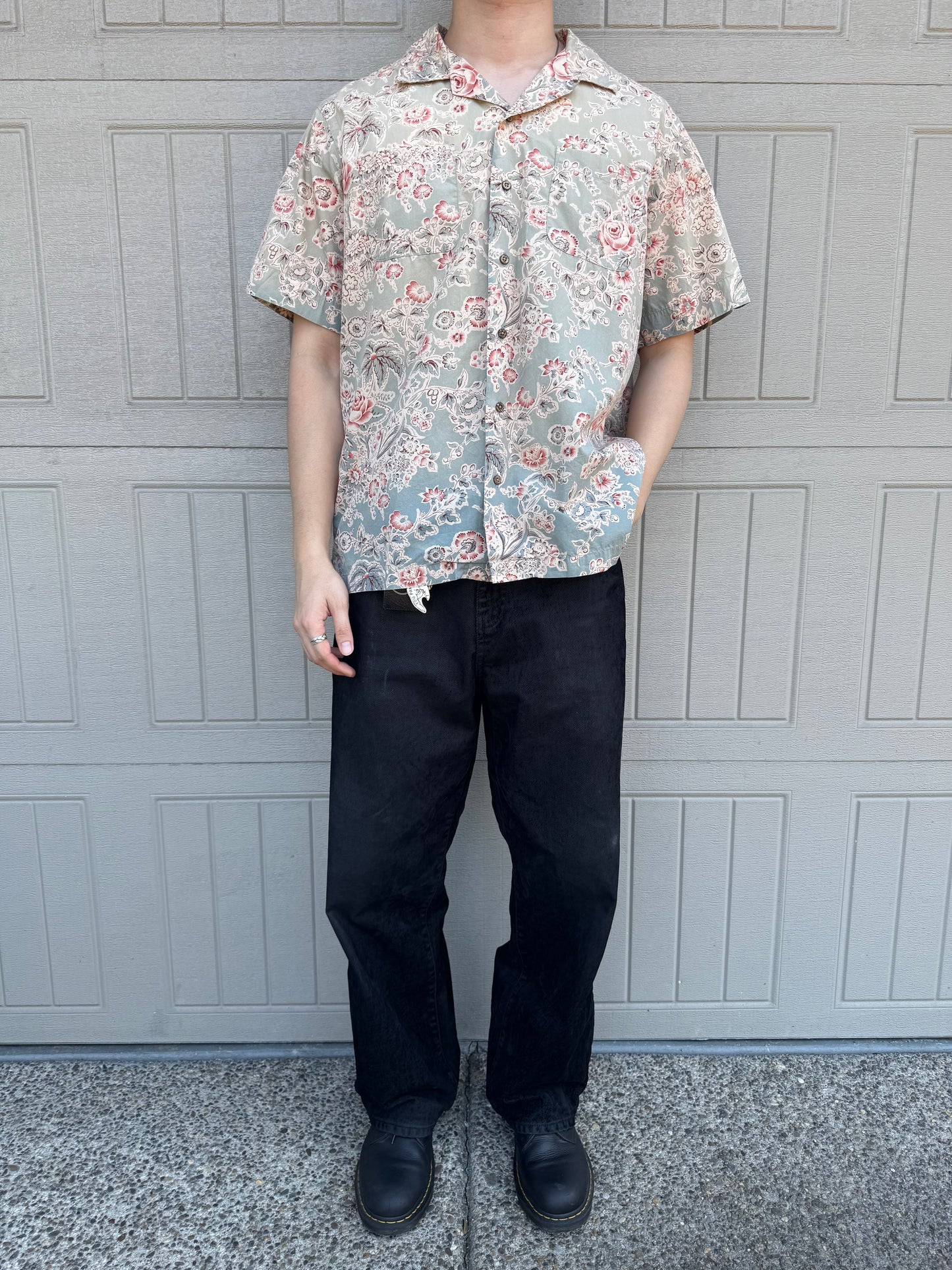 90s-00s Polo by Ralph Lauren Faded Green Flower Pattern Open Collar Shirt XL