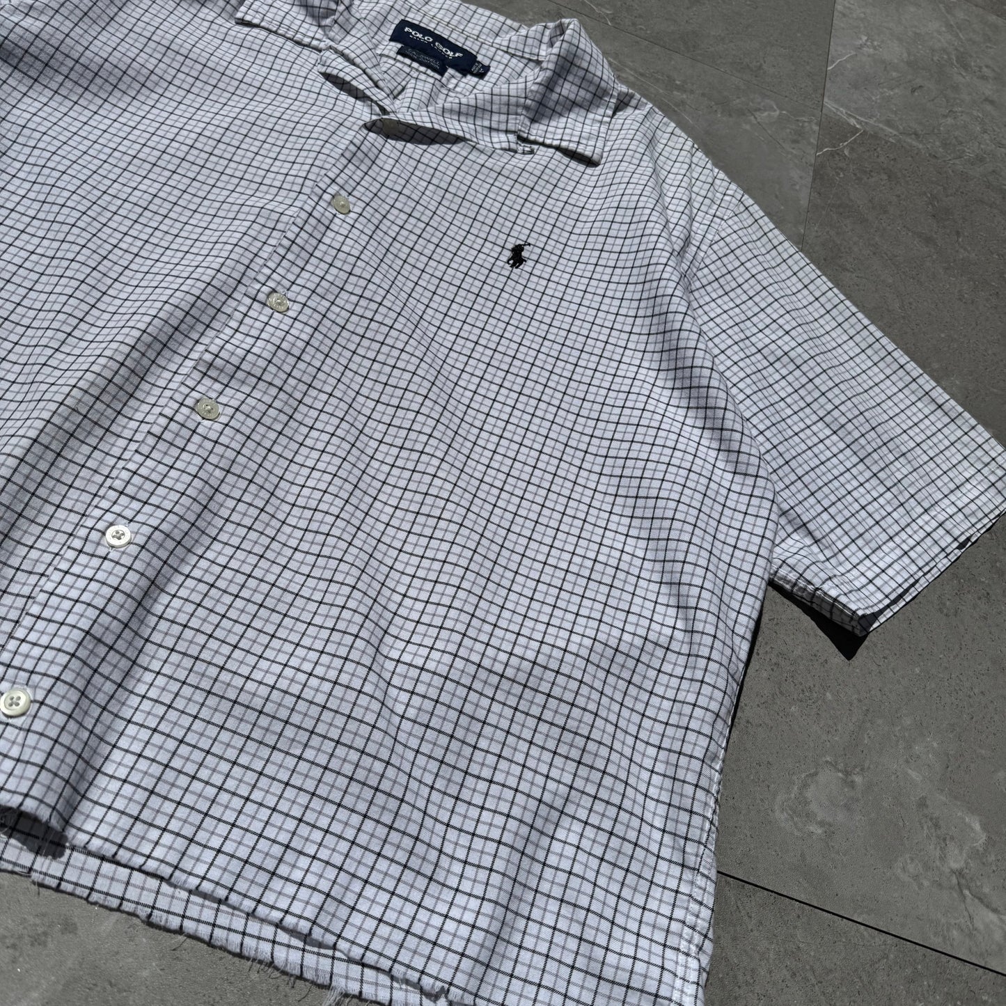 90s-00s Polo Golf Caldwell Cropped Raw Hem White Checkered Shirt KiiChain Clothing