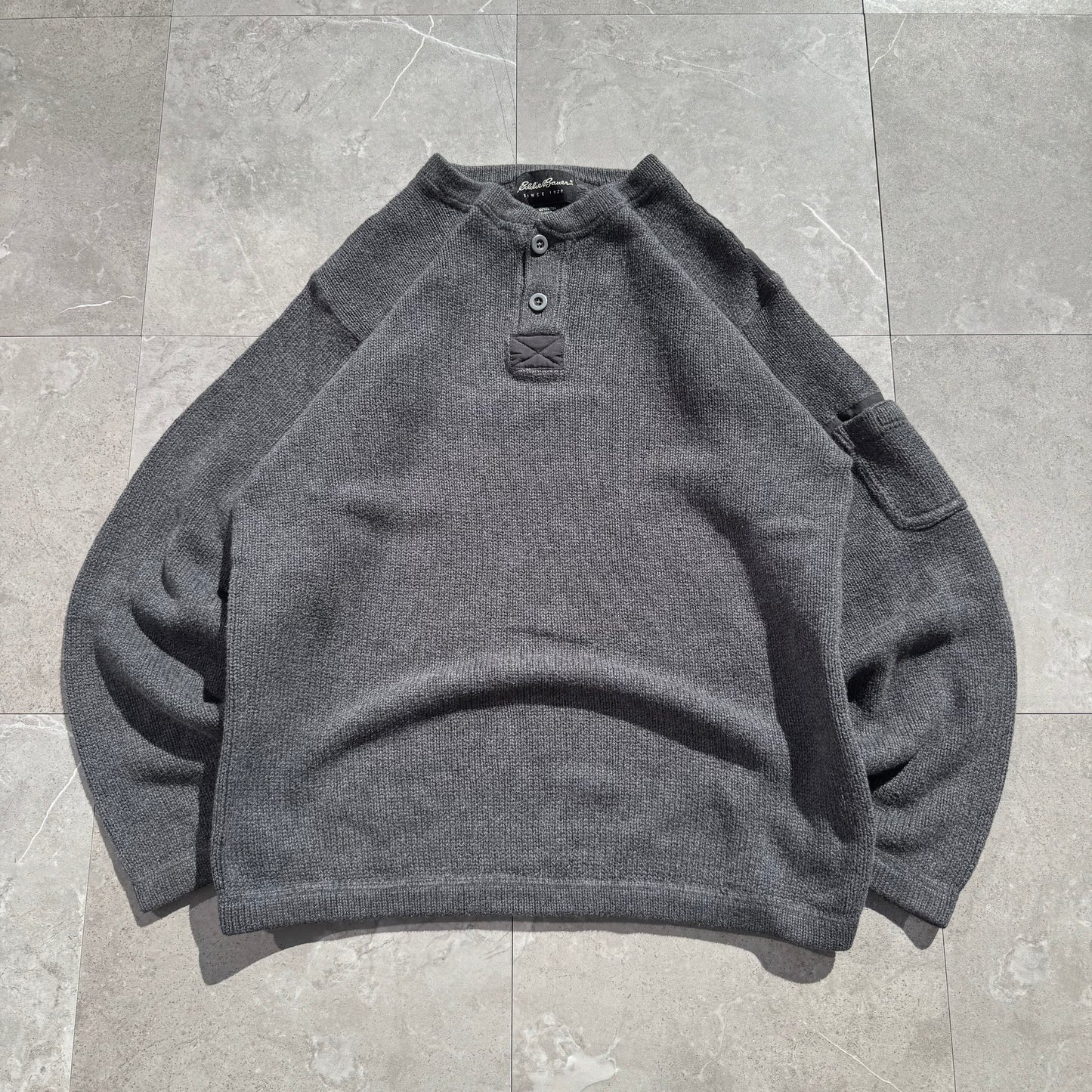 00s Eddie Bauer Made in UK Gray Henley Neck Cotton Knit