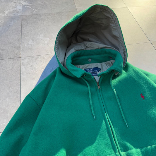 80s Ralph Lauren Made in USA Green Detachable Hoodie Wool Swing Top Jacket KiiChain Clothing