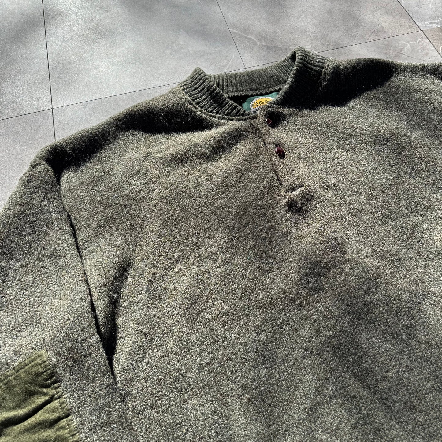 90s Cabela's Made in USA Wool Henley Neck Elbow Patch Knit