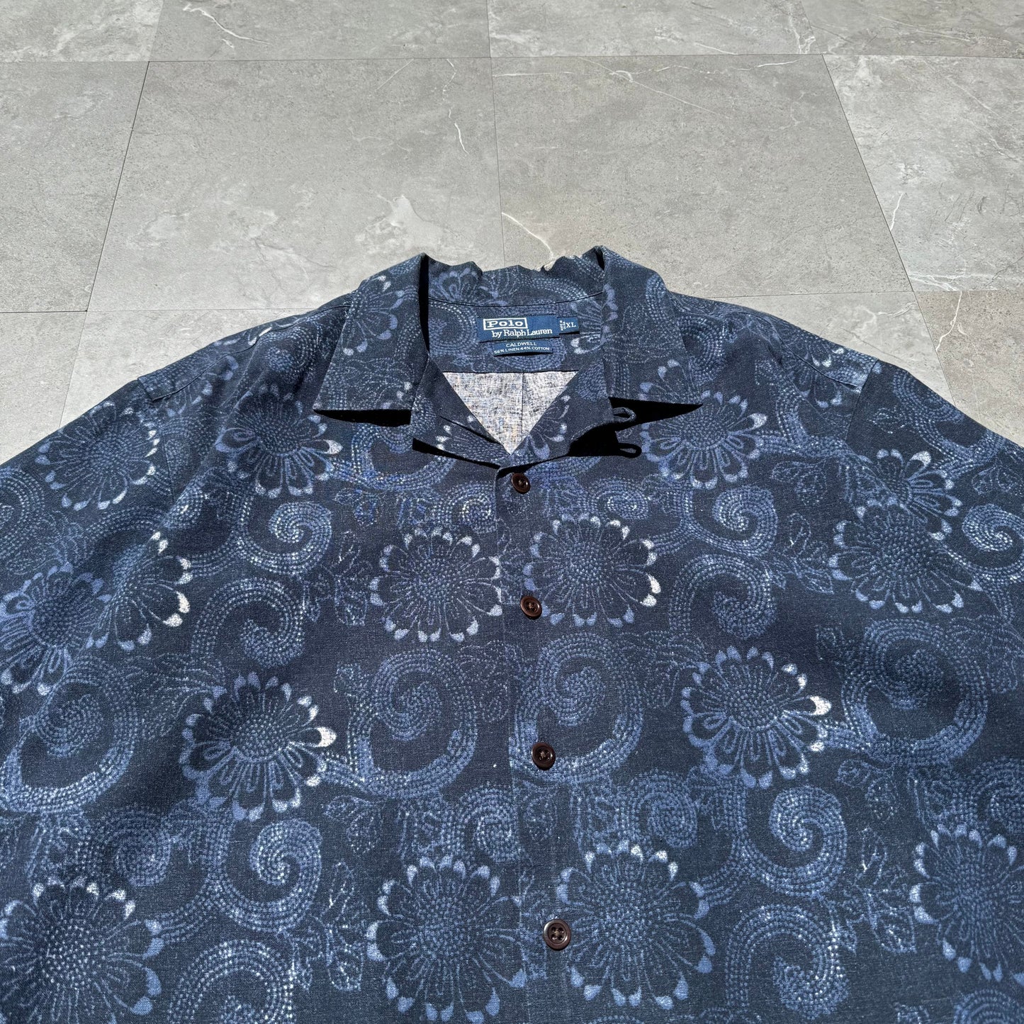 90s-00s Ralph Lauren Caldwell Dark Blue Linen x Cotton Floral Open Collar Shirt KiiChain Clothing