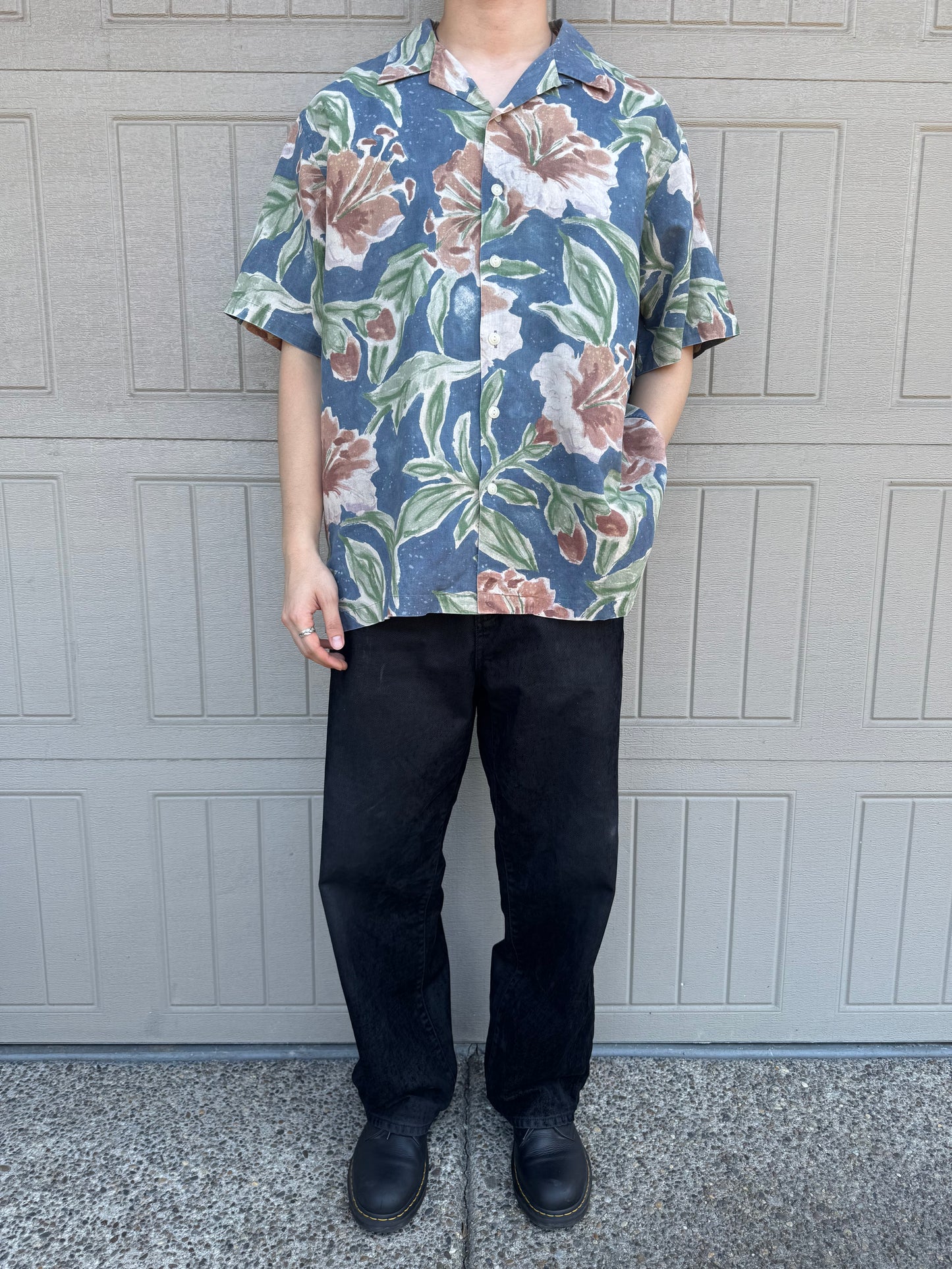 00s Polo by Ralph Lauren Vintage Camp Blue Flower Pattern Cotton x Linen Open Collar Shirt XL