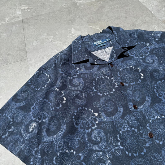 90s-00s Ralph Lauren Caldwell Dark Blue Linen x Cotton Floral Open Collar Shirt KiiChain Clothing