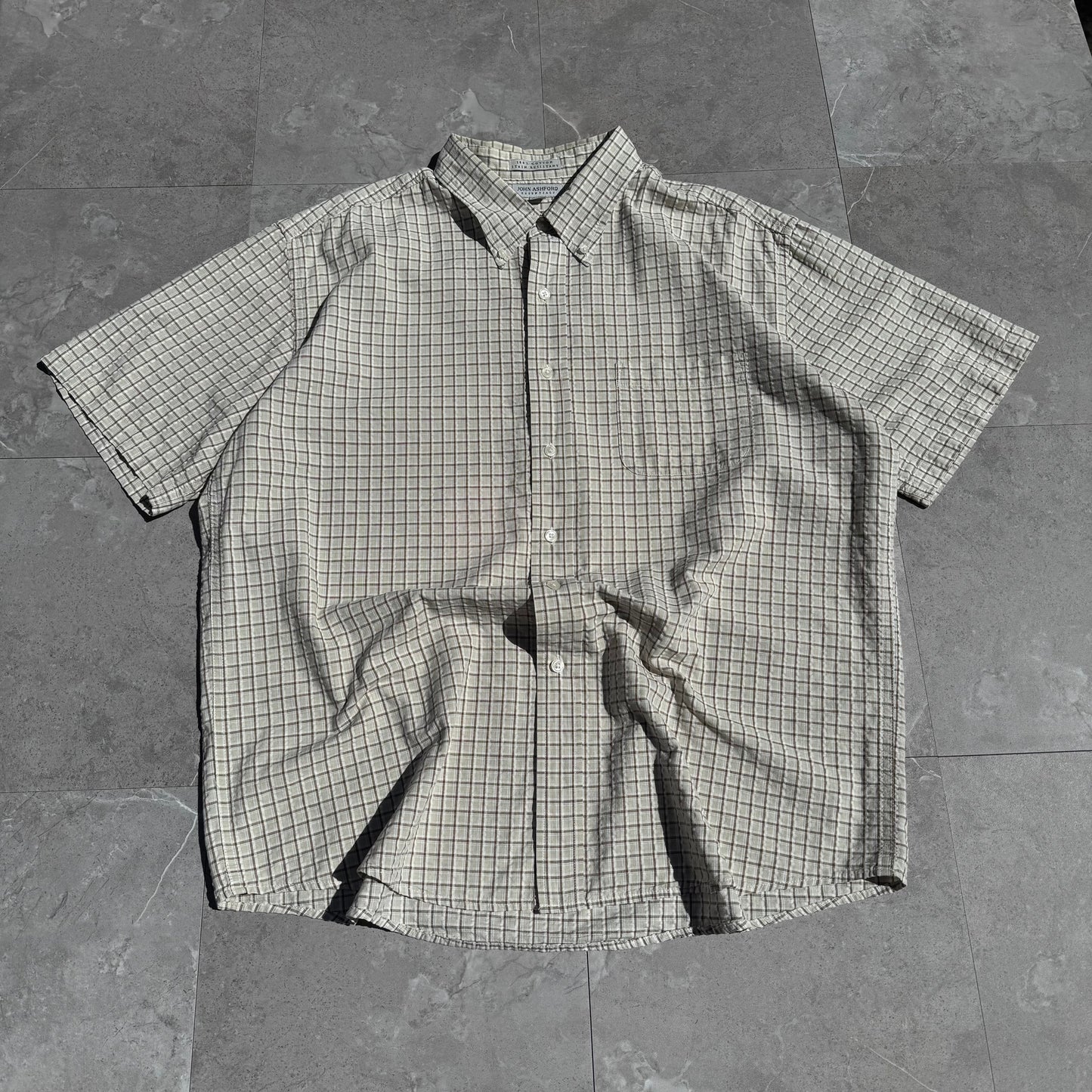 90s-00s John Ashford Cream Seersucker Checkered Cotton Short Sleeve Shirt KiiChain Clothing