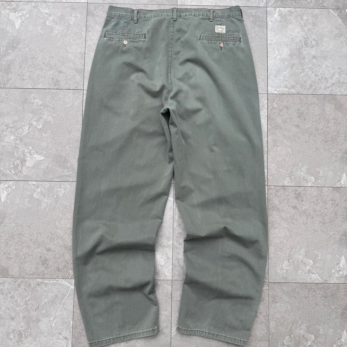 80s-90s Polo by Ralph Lauren Made in USA Faded Green Pleated Chino Pants 36x32 KiiChain Clothing