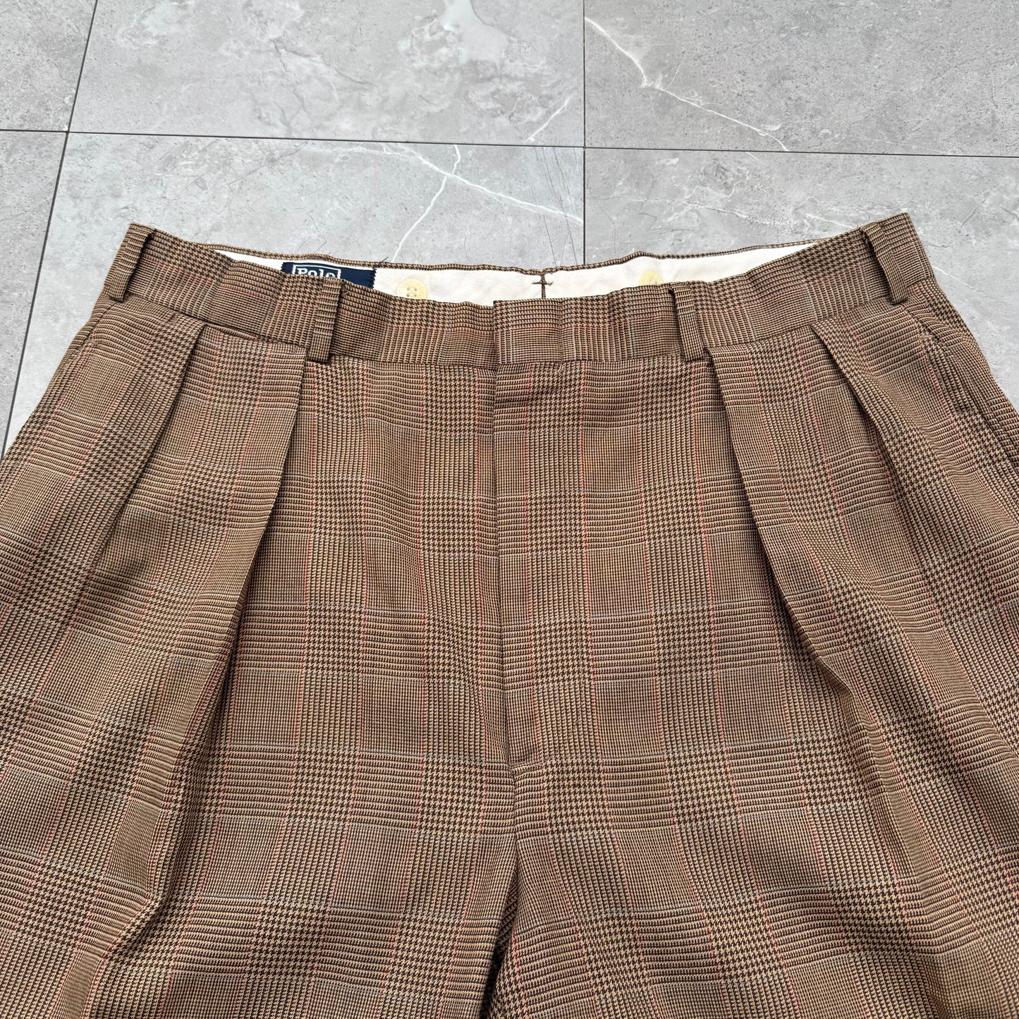 80s-90s Polo by Ralph Lauren Made in USA from Imported Fabric Brown Houndstooth Pleated Checkered Slacks KiiChain Clothing