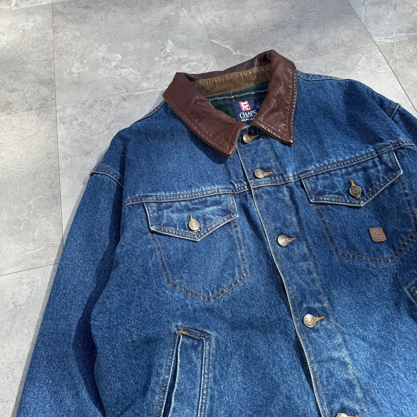 90s Chaps Ralph Lauren Leather Collar Flannel-Lined Denim Jacket
