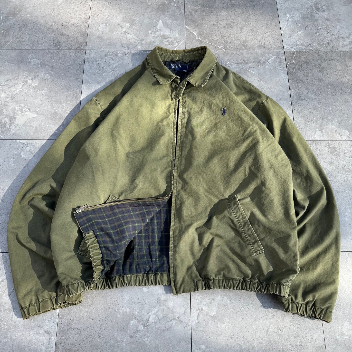 80s-90s Polo by Ralph Lauren Olive Green Cotton Checkered Lining Swing Top Jacket KiiChain Clothing