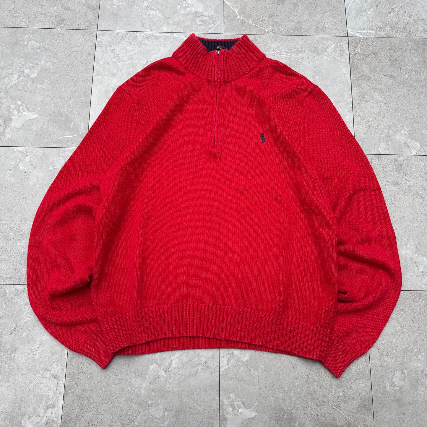 90s Polo by Ralph Lauren “Exclusive of Decoration” Red Quarter-Zip Sweater KiiChain Clothing