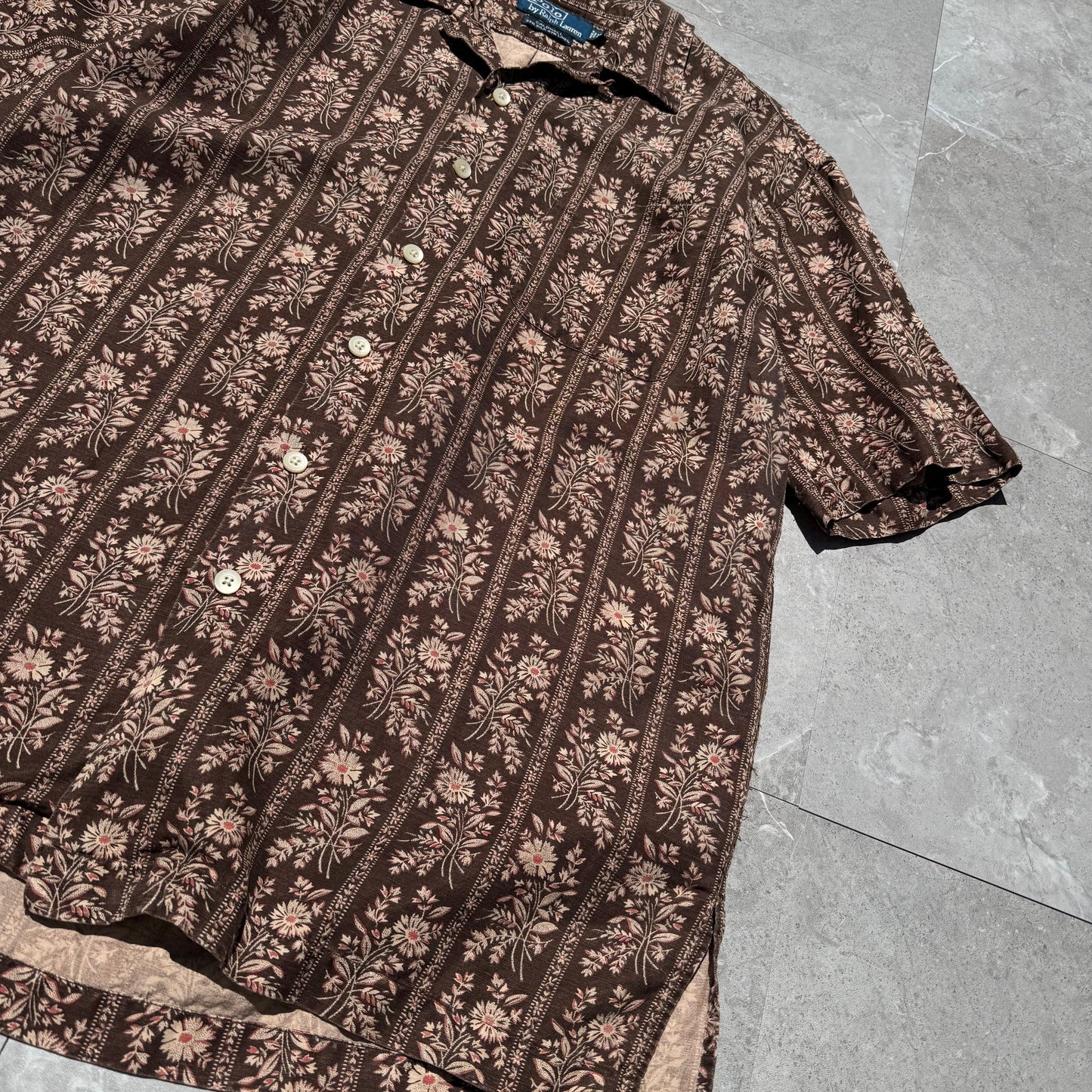90s-00s Ralph Lauren Caldwell Silk x Linen Brown Floral Open Collar Shirt KiiChain Clothing