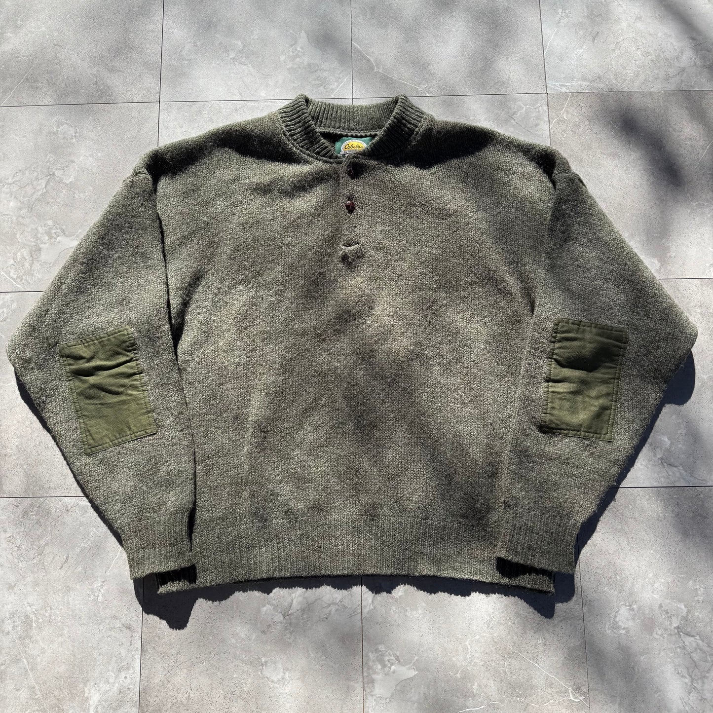 90s Cabela's Made in USA Wool Henley Neck Elbow Patch Knit