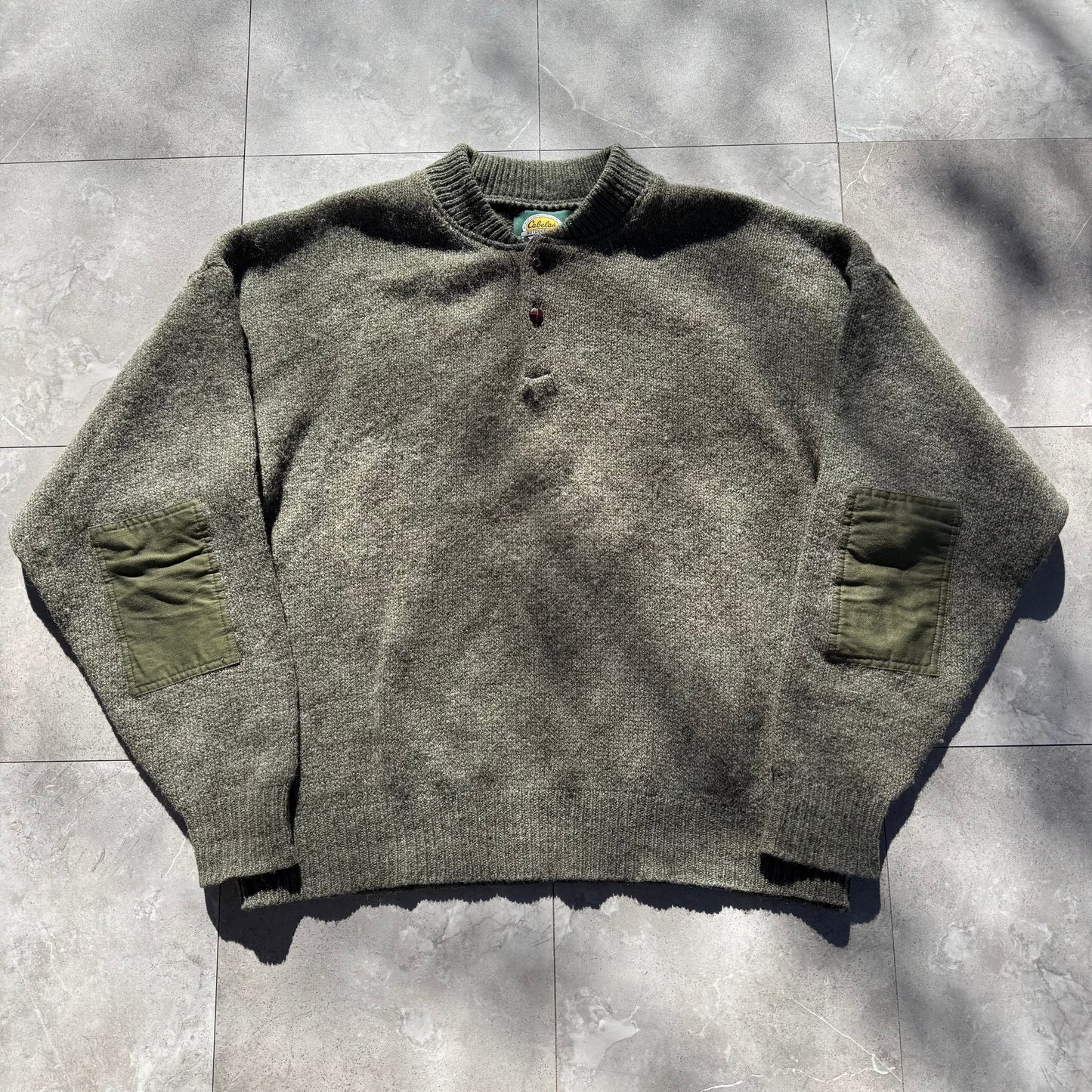 90s Cabela's Made in USA Wool Henley Neck Elbow Patch Knit KiiChain Clothing