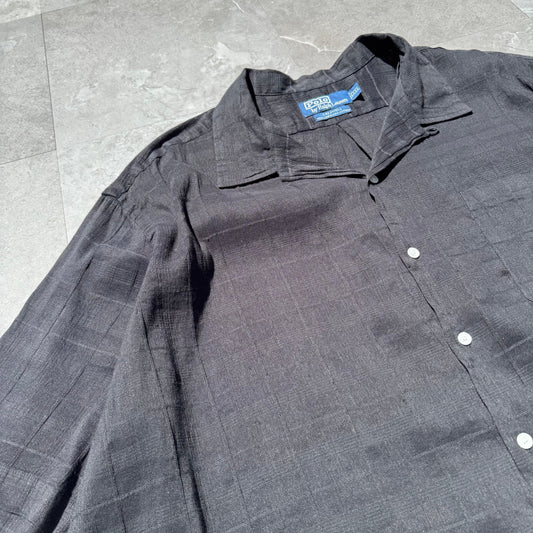 90s-00s Ralph Lauren Rare Caldwell Black Linen x Cotton Checkered Open Collar Shirt KiiChain Clothing
