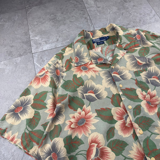 90s Polo by Ralph Lauren Green Cotton x Linen x Ramie Flower Open Collar Shirt