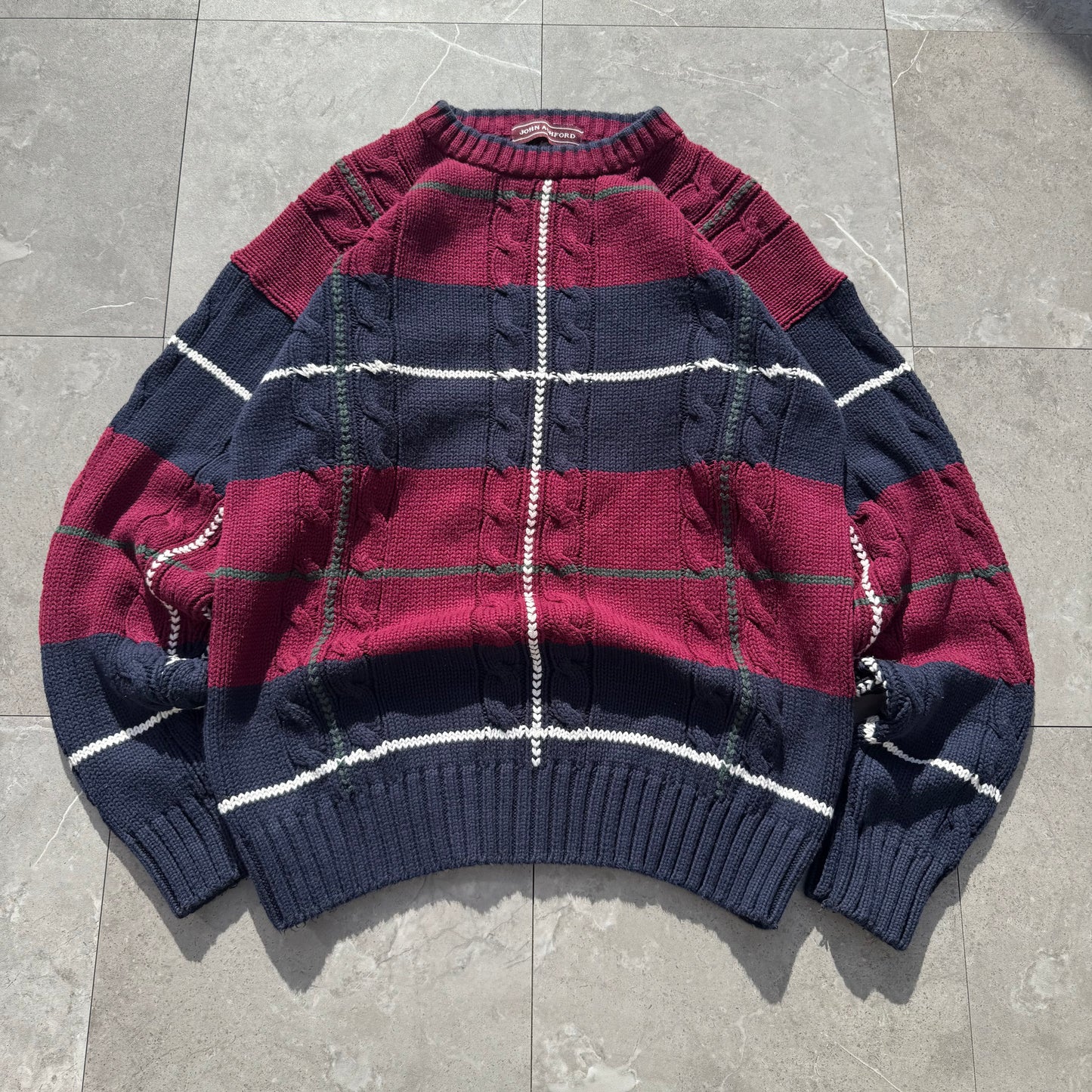 90s John Ashford Heavyweight Red/Navy Checkered Cotton Cable Knit