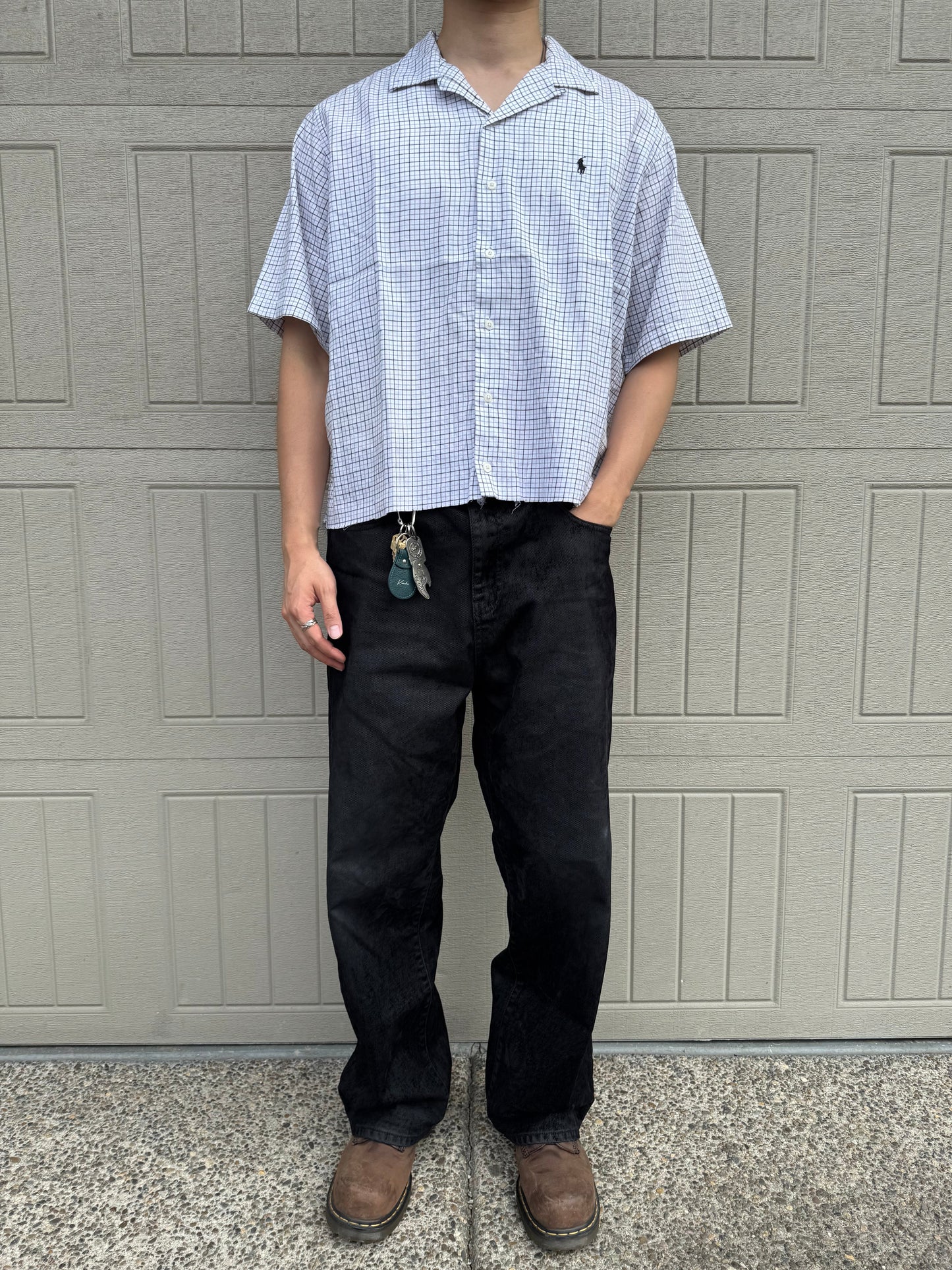 90s-00s Polo Golf Caldwell Cropped Raw Hem White Checkered Shirt KiiChain Clothing