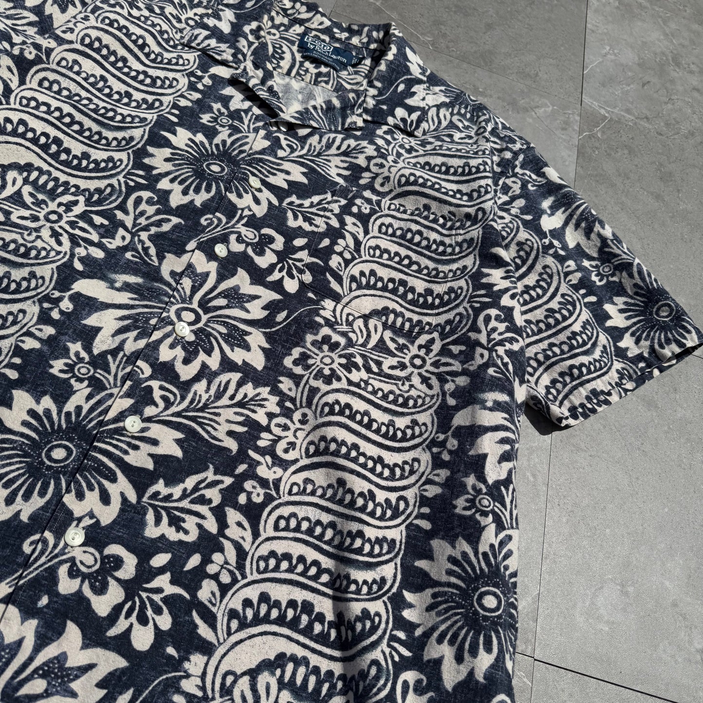 90s-00s Ralph Lauren Bonnard Black/Navy Paisley Linen x Cotton Open Collar Shirt KiiChain Clothing