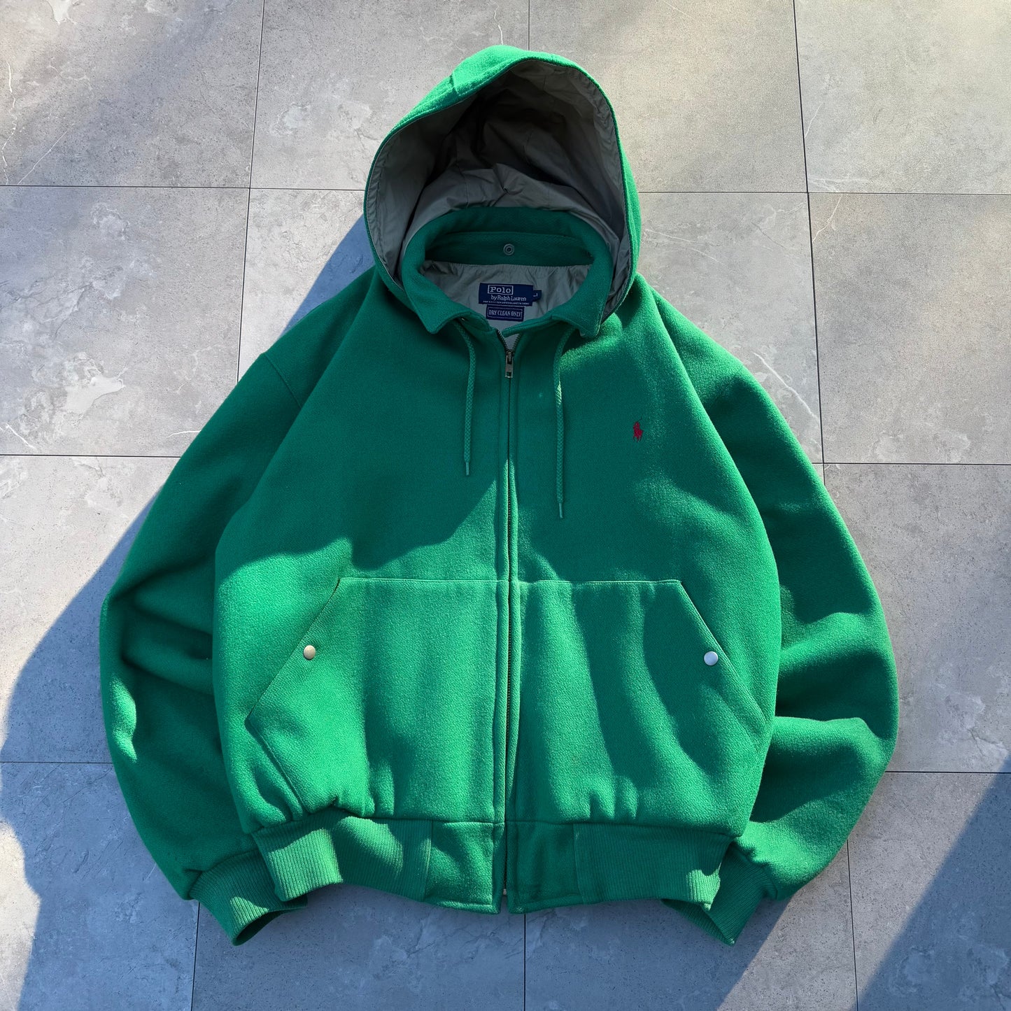 80s Ralph Lauren Made in USA Green Detachable Hoodie Wool Swing Top Jacket KiiChain Clothing